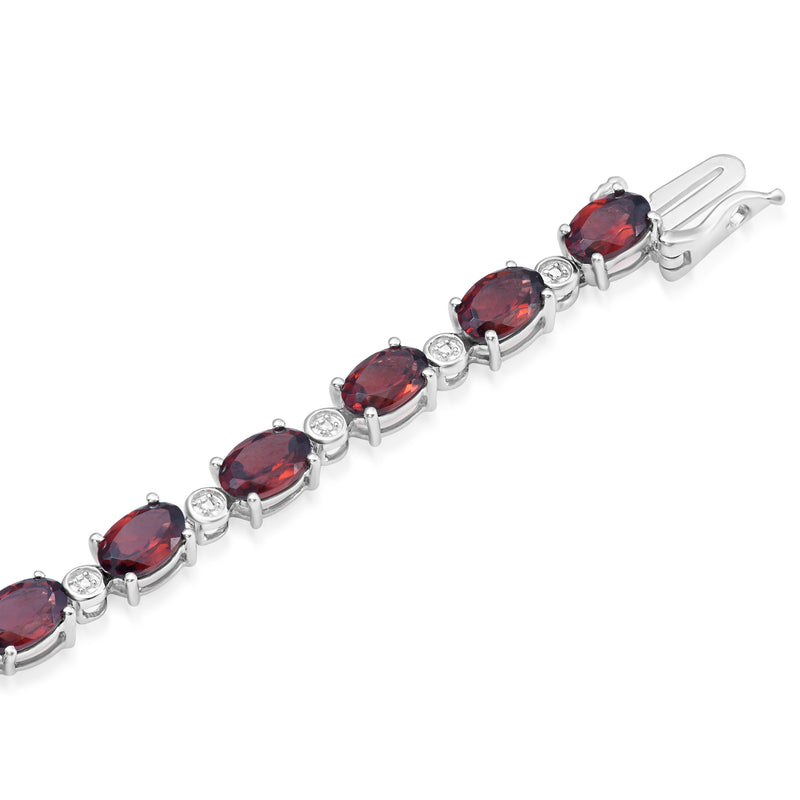 Jewelili Sterling Silver Oval Shape Garnet and Natural White Round Diamond Accent Link Bracelet
