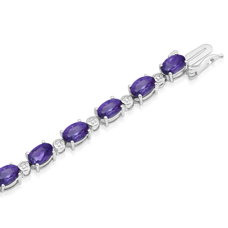 Jewelili Sterling Silver Oval Shape Amethyst and Natural white Round Diamond Accent Link Bracelet