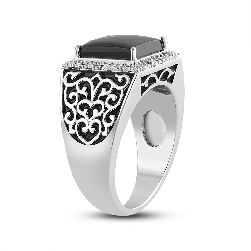 Jewelili Sterling Silver with Black Onyx and 1/10 CTTW Natural White Round Diamonds Men's Ring