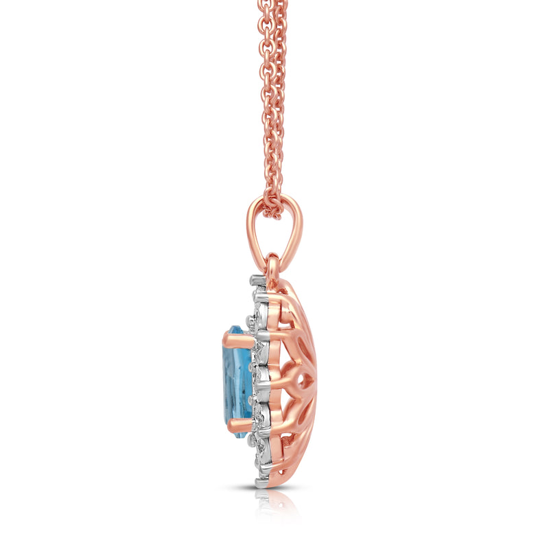 Jewelili 14K Rose Gold over Sterling Silver 7x5 MM Oval Created Aqua Spinal and 1/20 Cttw Natural White Round Diamond Pendant Necklace