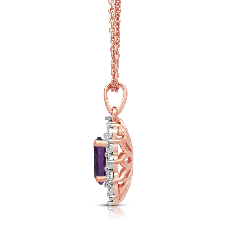 Jewelili 14K Rose Gold over Sterling Silver 7x5 MM Oval Created Amethyst and 1/20 Cttw Natural White Round Diamond Pendant Necklace
