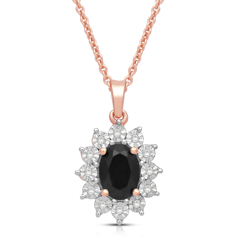 Jewelili 14K Rose Gold over Sterling Silver 7x5 MM Oval Created Black Sapphire and 1/20 Cttw Natural White Round Diamond Pendant Necklace