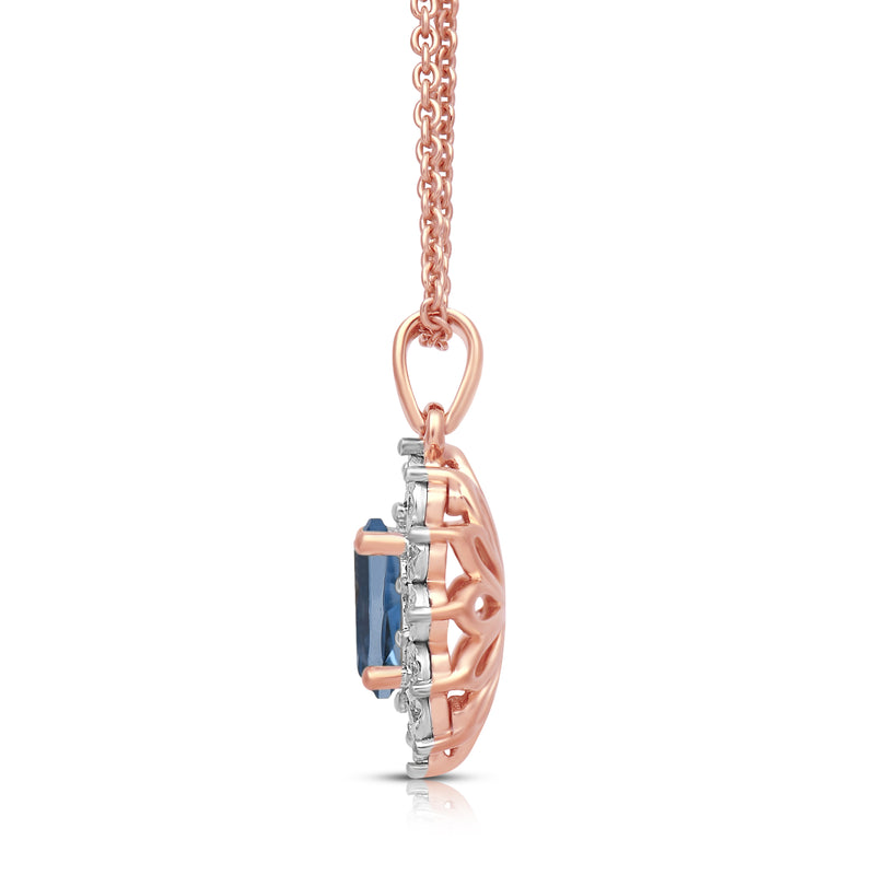 Jewelili 14K Rose Gold over Sterling Silver 7x5 MM Oval Genuine Swiss Blue Topaz and 1/20 Cttw Natural White Round Diamond Pendant Necklace