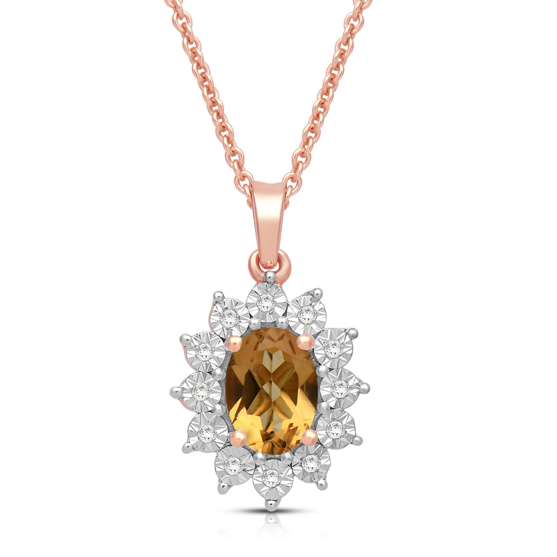 Jewelili 14K Rose Gold over Sterling Silver 7x5 MM Oval Genuine Citrine and 1/20 Cttw Natural White Round Diamond Pendant Necklace