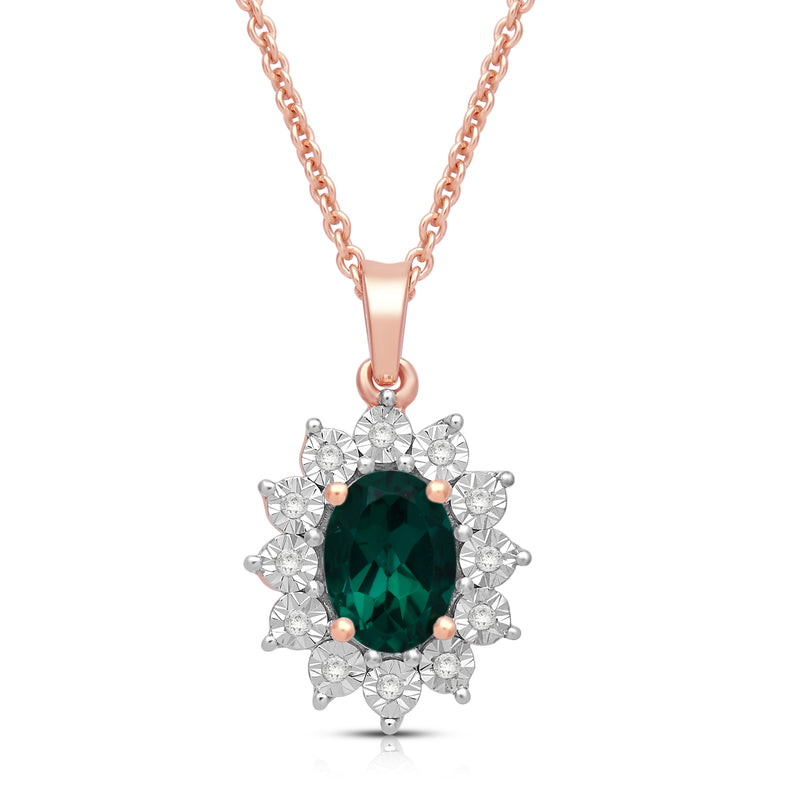 Jewelili 14K Rose Gold over Sterling Silver 7x5 MM Oval Created Emerald and 1/20 Cttw Natural White Round Diamond Pendant Necklace