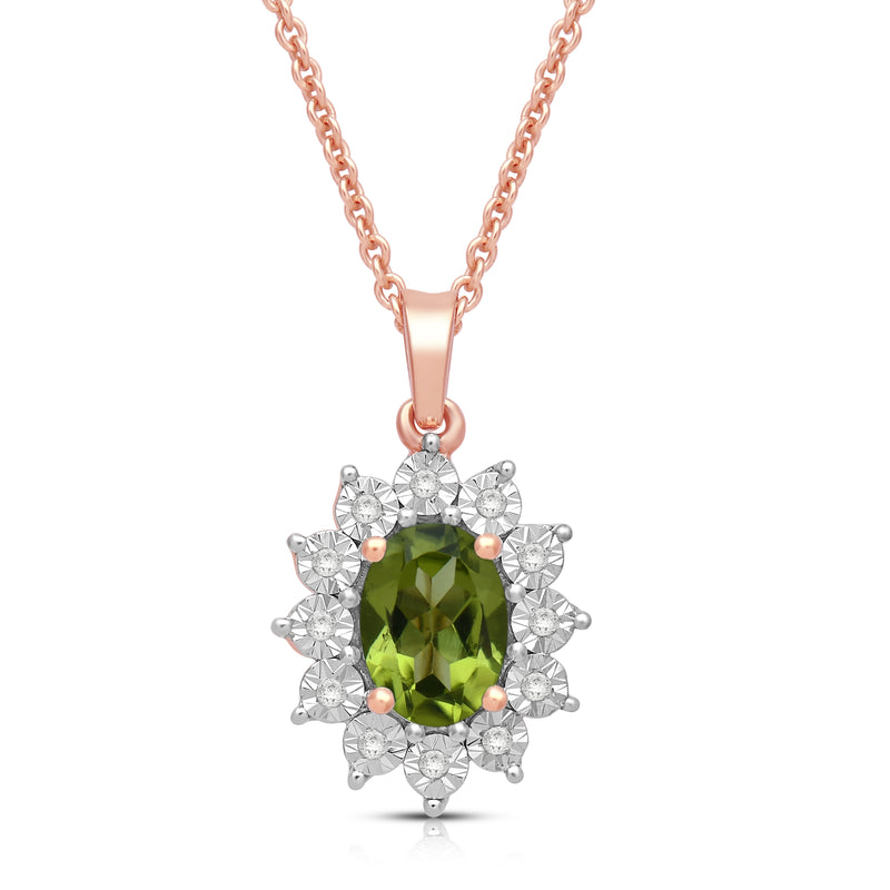 Jewelili 14K Rose Gold over Sterling Silver 7x5 MM Oval Genuine Peridot and 1/20 Cttw Natural White Round Diamond Pendant Necklace