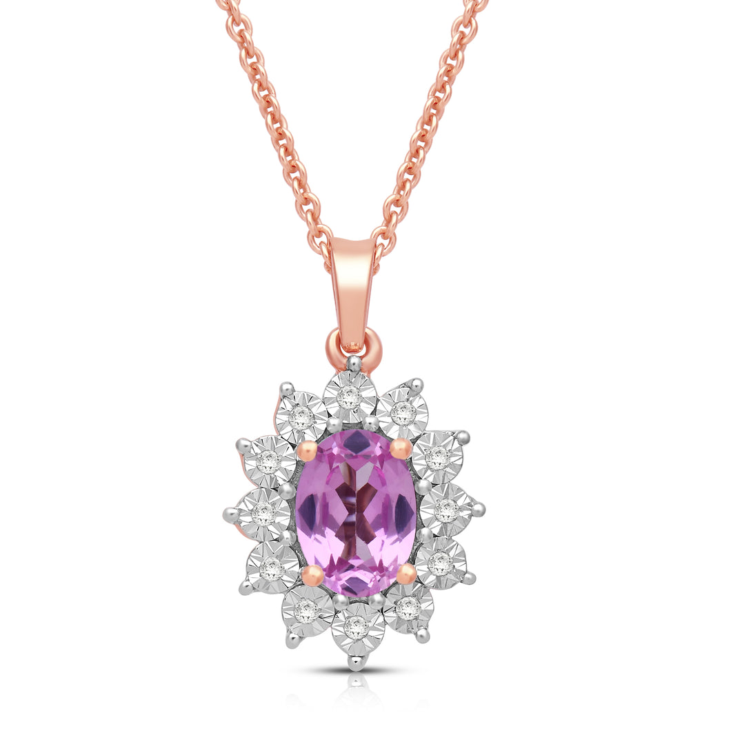 Jewelili 14K Rose Gold over Sterling Silver 7x5 MM Oval Created Pink Sapphire and 1/20 Cttw Natural White Round Diamond Pendant Necklace