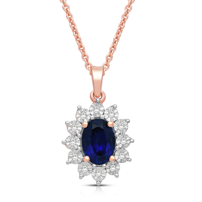 Jewelili 14K Rose Gold over Sterling Silver 7x5 MM Oval Created Blue Sapphire and 1/20 Cttw Natural White Round Diamond Pendant Necklace