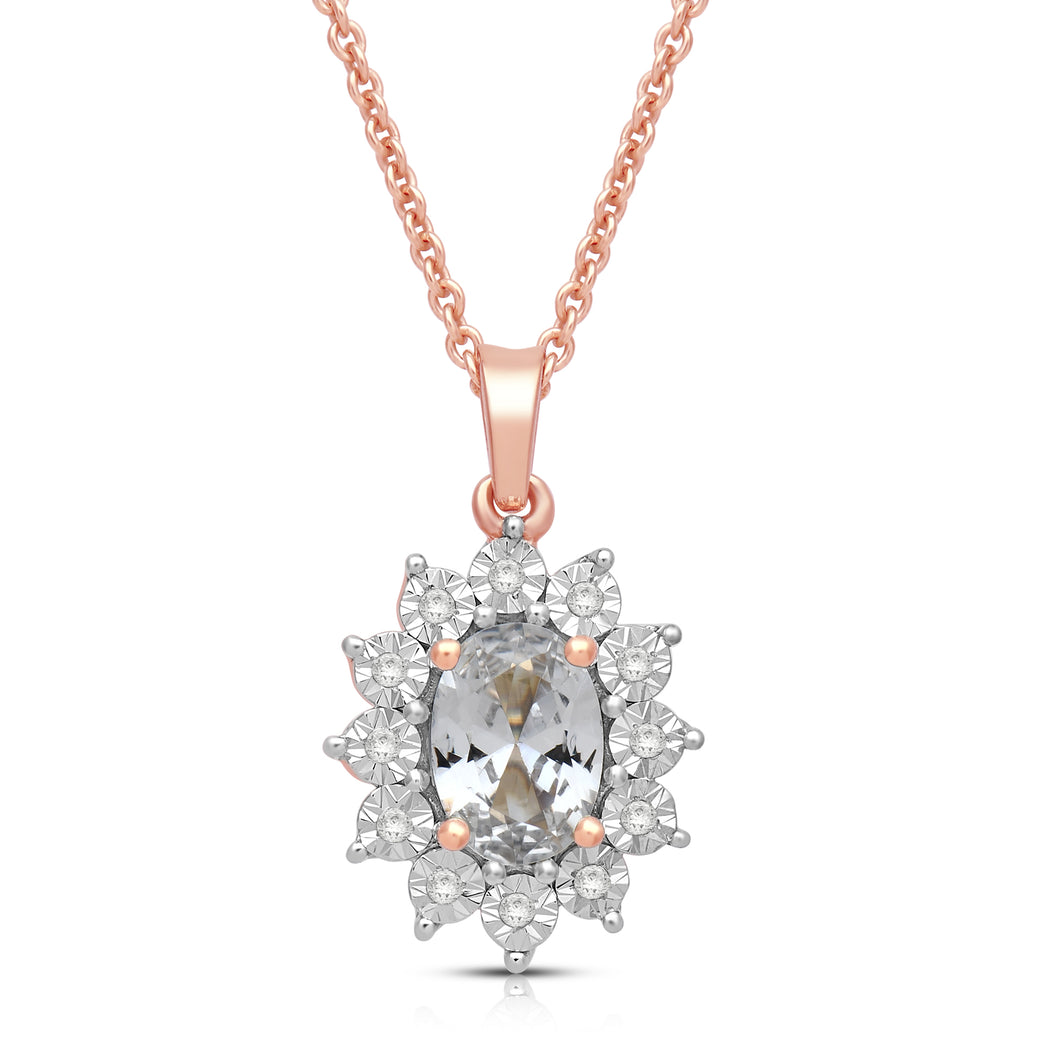 Jewelili 14K Rose Gold over Sterling Silver 7x5 MM Oval Created White Sapphire and 1/20 Cttw Natural White Round Diamond Pendant Necklace