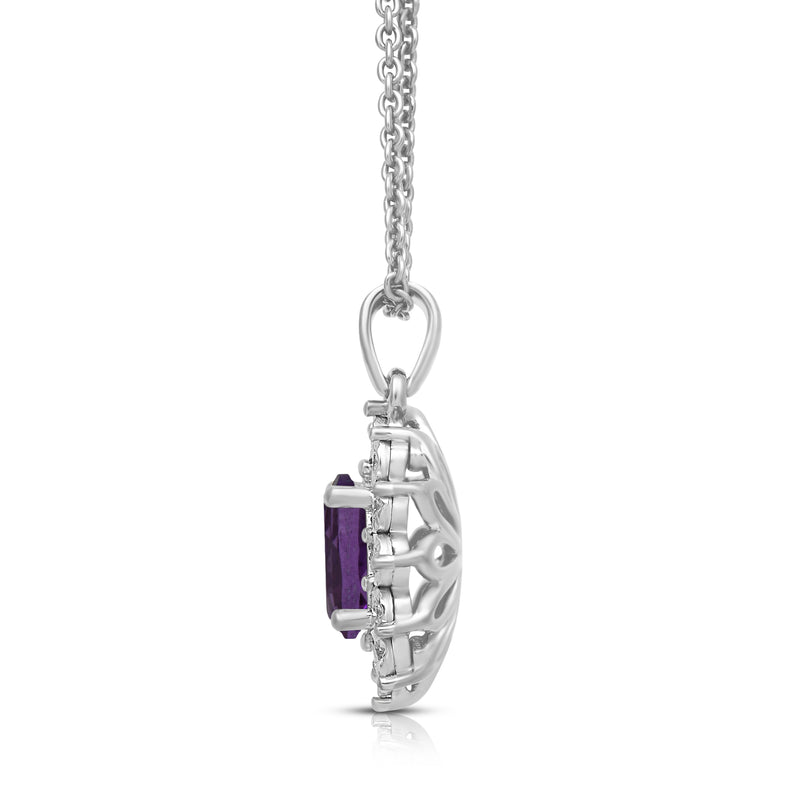Jewelili Sterling Silver 7x5 MM Oval Created Amethyst and 1/20 Cttw Natural White Round Diamond Pendant Necklace