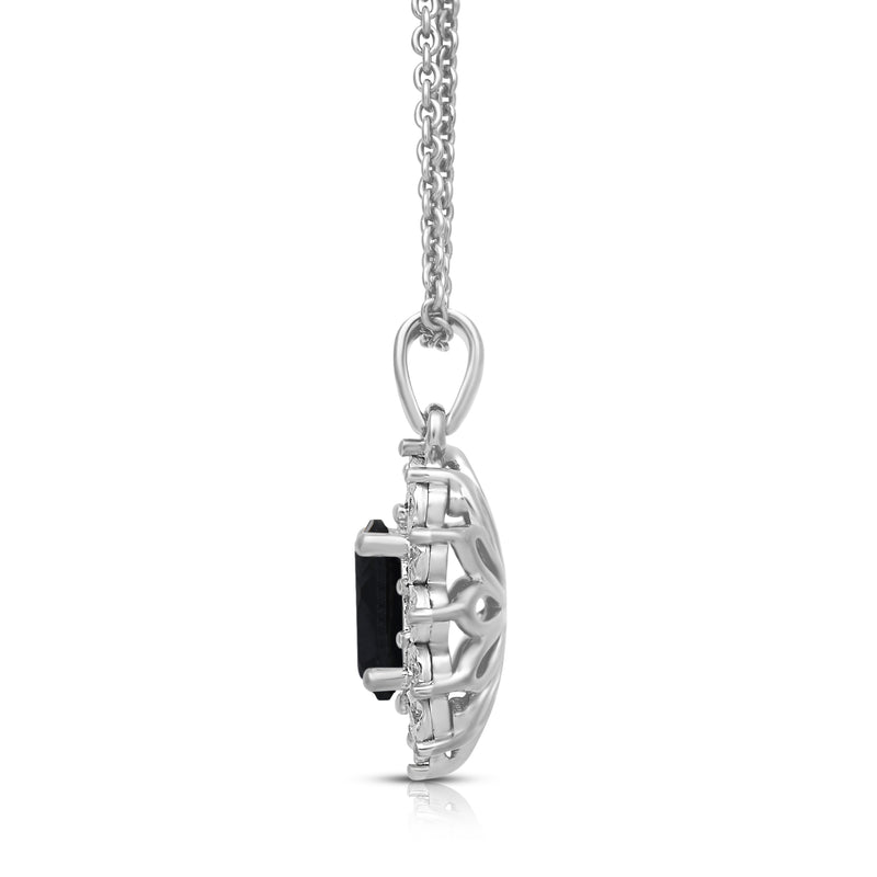Jewelili Sterling Silver 7x5 MM Oval Created Black Sapphire and 1/20 Cttw Natural White Round Diamond Pendant Necklace