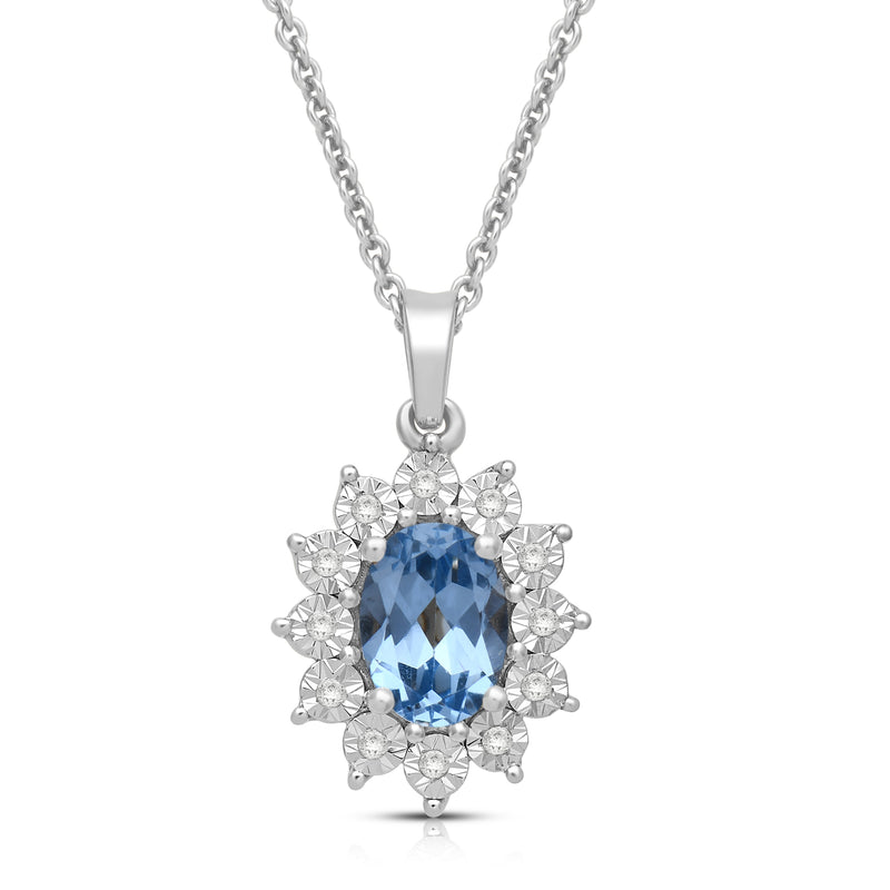 Jewelili Sterling Silver 7x5 MM Oval Genuine Swiss Blue Topaz and 1/20 Cttw Natural White Round Diamond Pendant Necklace