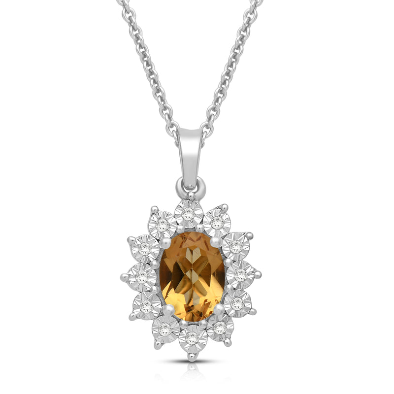 Jewelili Sterling Silver 7x5 MM Oval Genuine Citrine and 1/20 Cttw Natural White Round Diamond Pendant Necklace