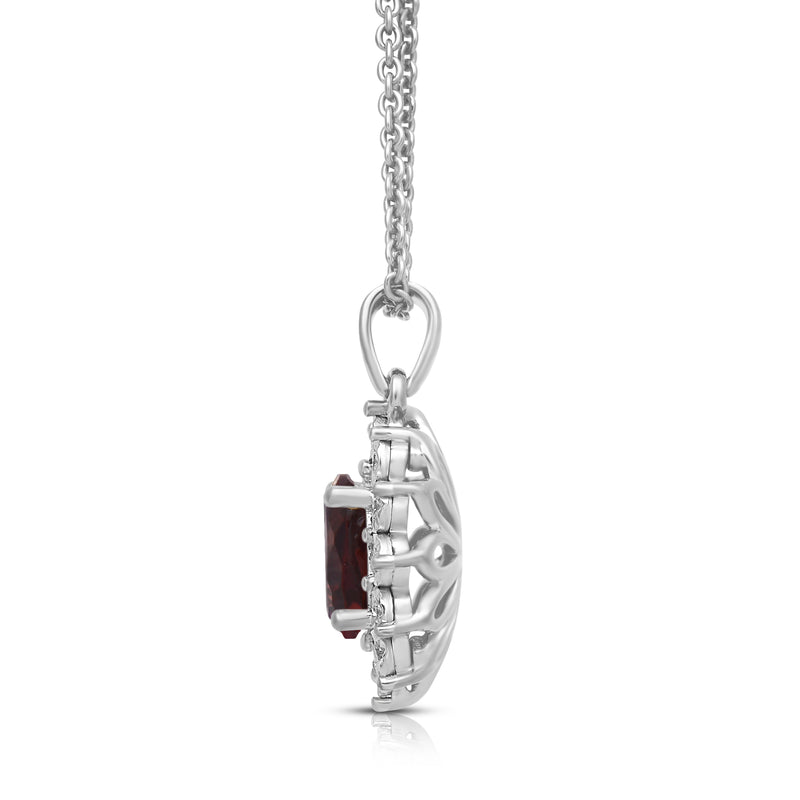 Jewelili Sterling Silver 7x5 MM Oval Genuine Garnet and 1/20 Cttw Natural White Round Diamond Pendant Necklace