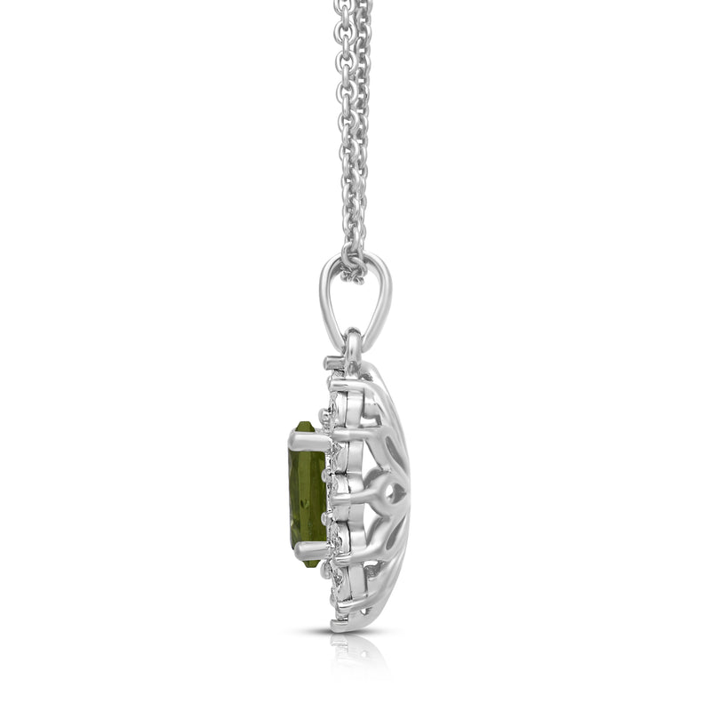 Jewelili Sterling Silver 7x5 MM Oval Genuine Peridot and 1/20 Cttw Natural White Round Diamond Pendant Necklace