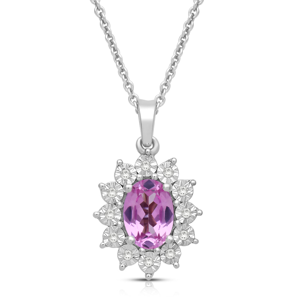Jewelili Sterling Silver 7x5 MM Oval Created Pink Sapphire and 1/20 Cttw Natural White Round Diamond Pendant Necklace