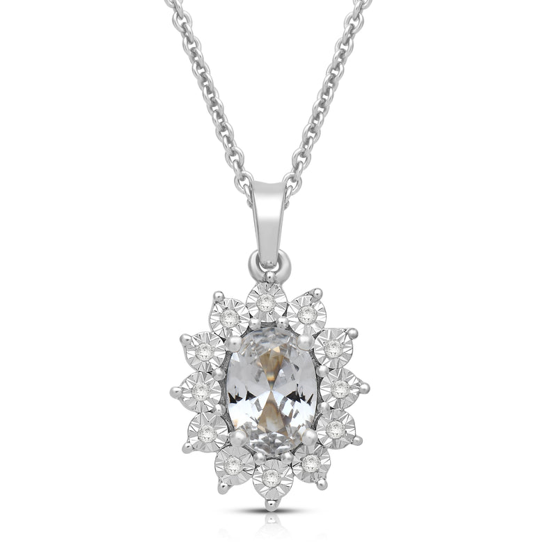 Jewelili Sterling Silver 7x5 MM Oval Created White Sapphire and 1/20 Cttw Natural White Round Diamond Pendant Necklace
