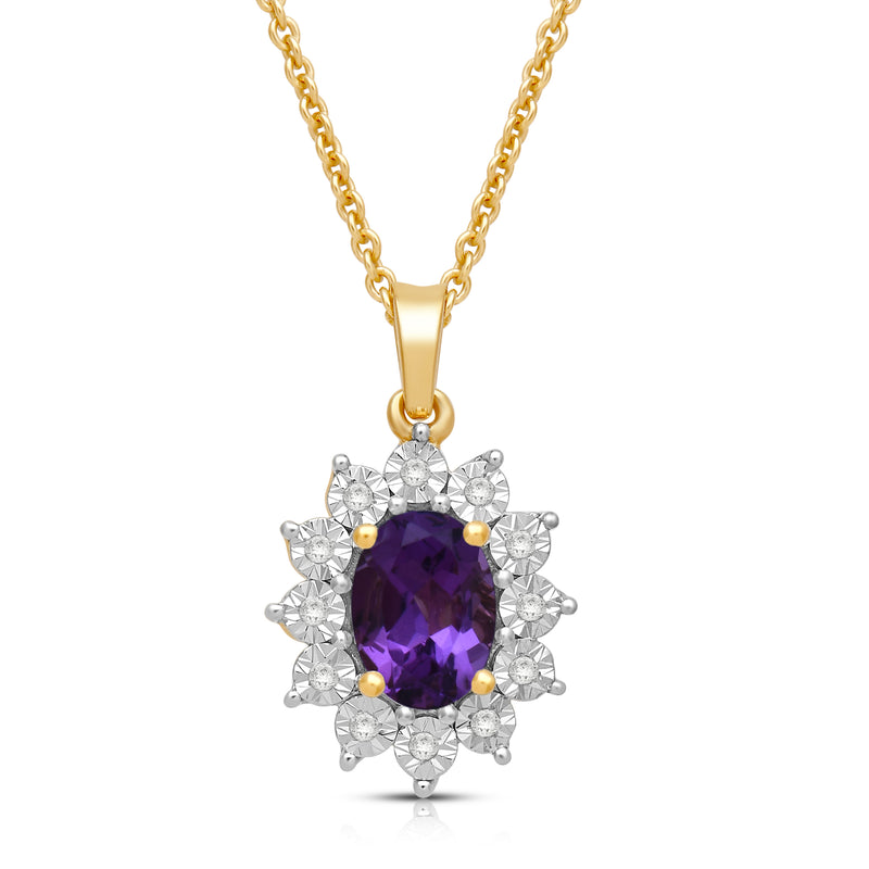 Jewelili 18K Yellow Gold over Sterling Silver 7x5 MM Oval Created Amethyst and 1/20 Cttw Natural White Round Diamond Pendant Necklace