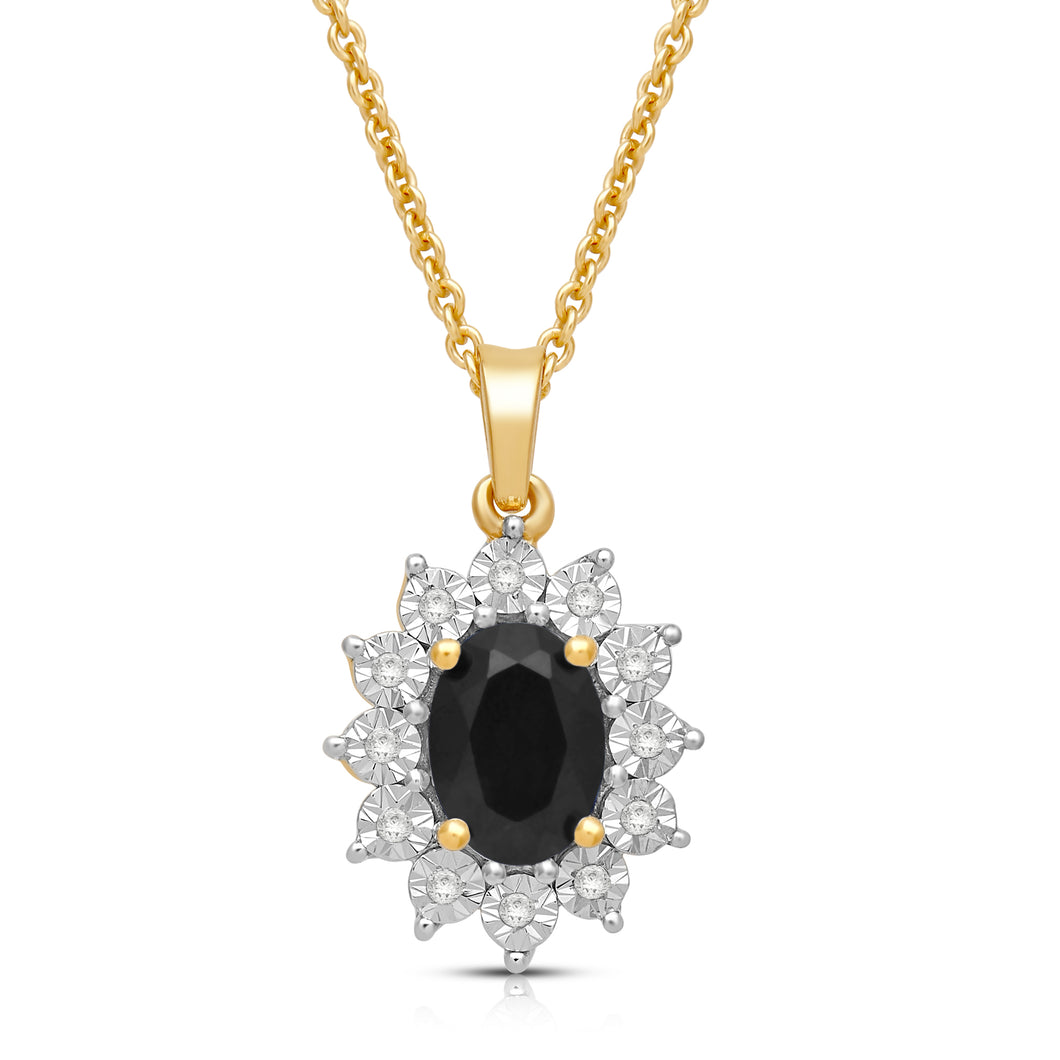 Jewelili 18K Yellow Gold over Sterling Silver 7x5 MM Oval Created Black Sapphire and 1/20 Cttw Natural White Round Diamond Pendant Necklace