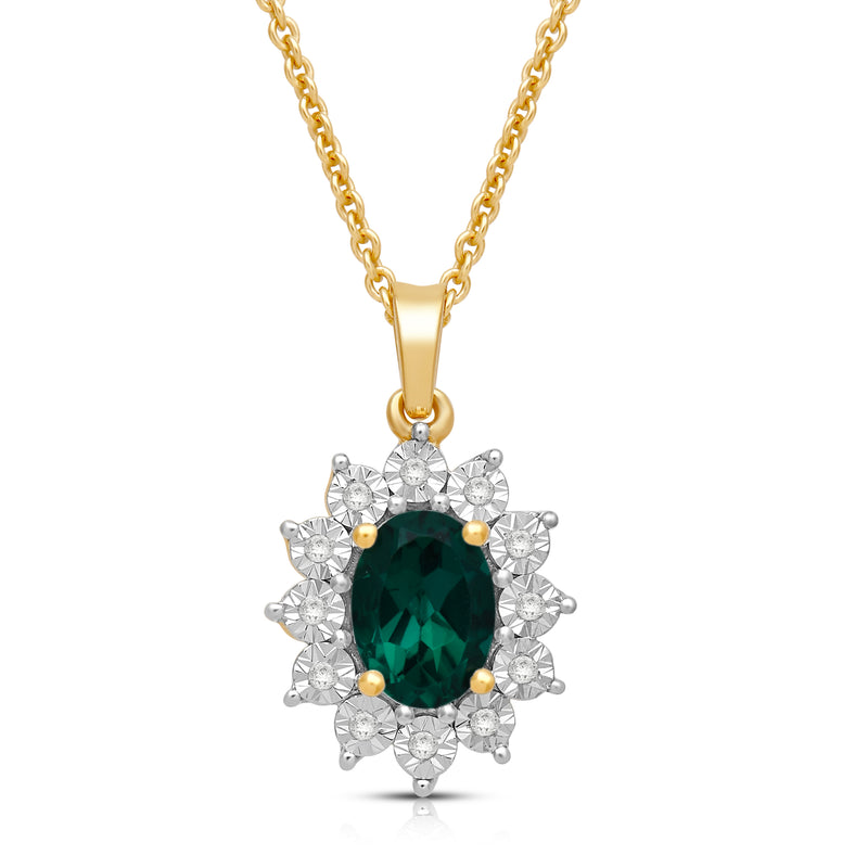 Jewelili 18K Yellow Gold over Sterling Silver 7x5 MM Oval Created Emerald and 1/20 Cttw Natural White Round Diamond Pendant Necklace
