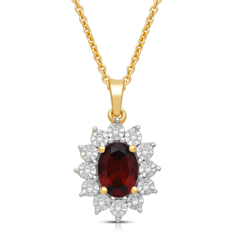 Jewelili 18K Yellow Gold over Sterling Silver 7x5 MM Oval Genuine Garnet and 1/20 Cttw Natural White Round Diamond Pendant Necklace