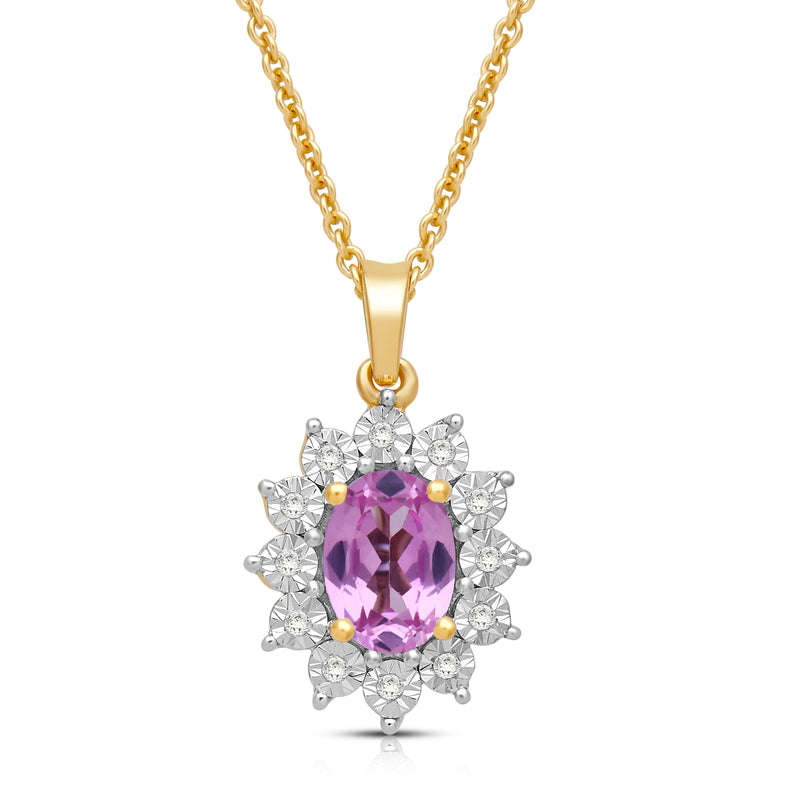 Jewelili 18K Yellow Gold over Sterling Silver 7x5 MM Oval Created Pink Sapphire and 1/20 Cttw Natural White Round Diamond Pendant Necklace