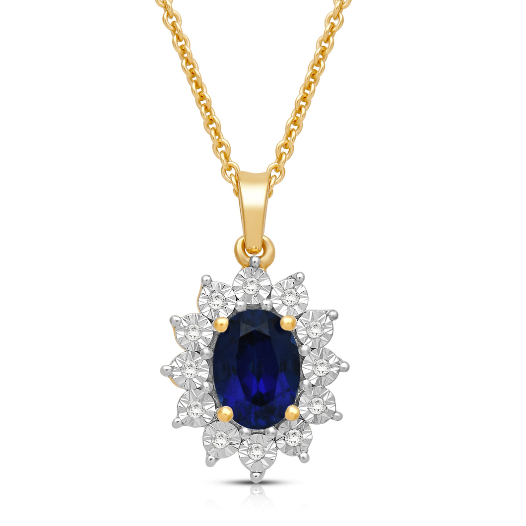 Jewelili 18K Yellow Gold over Sterling Silver 7x5 MM Oval Created Blue Sapphire and 1/20 Cttw Natural White Round Diamond Pendant Necklace