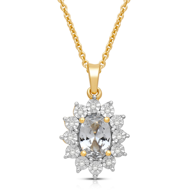 Jewelili 18K Yellow Gold over Sterling Silver 7x5 MM Oval Created White Sapphire and 1/20 Cttw Natural White Round Diamond Pendant Necklace