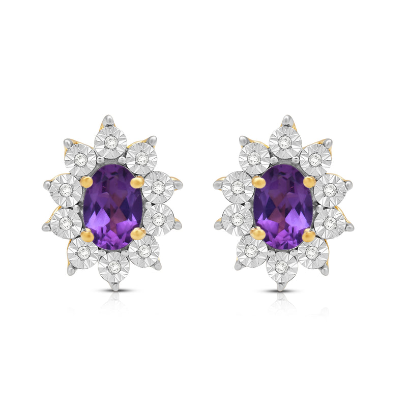 Jewelili 18K Yellow Gold over Sterling Sliver 6x4 MM Oval Created Amethyst and 1/20 Cttw Natural White Round Diamond Cluster Stud Earrings