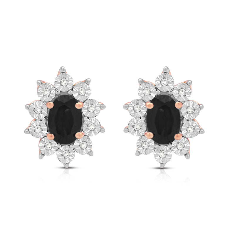 Jewelili 14K Rose Gold Over Sterling Sliver Oval Created Black Sapphire and 1/20 Cttw Natural White Round Diamond Cluster Stud Earrings