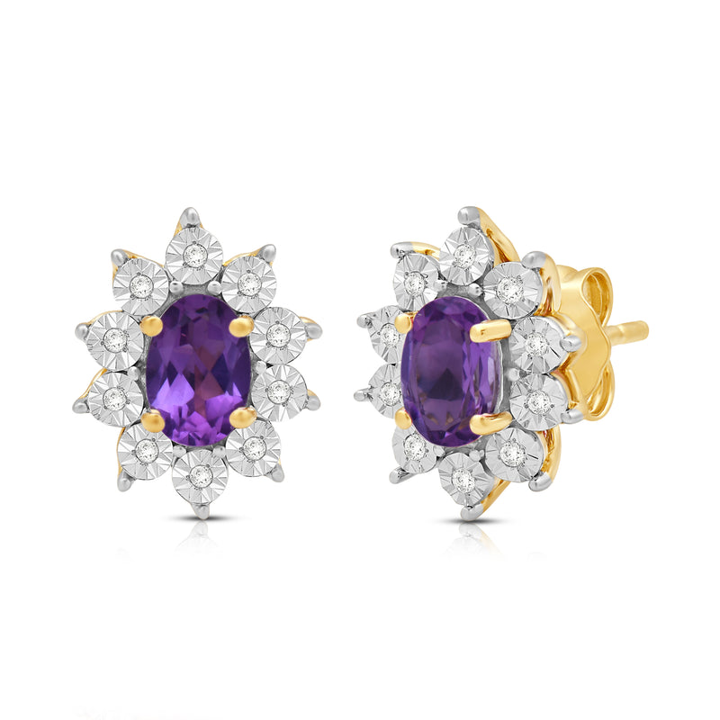 Jewelili 18K Yellow Gold over Sterling Sliver 6x4 MM Oval Created Amethyst and 1/20 Cttw Natural White Round Diamond Cluster Stud Earrings