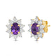 Load image into Gallery viewer, Jewelili 18K Yellow Gold over Sterling Sliver 6x4 MM Oval Created Amethyst and 1/20 Cttw Natural White Round Diamond Cluster Stud Earrings
