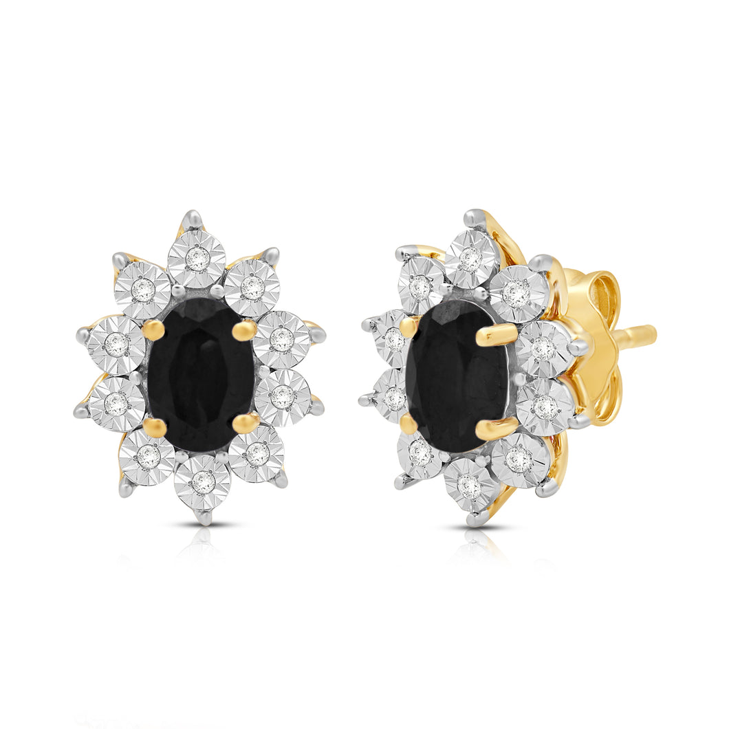 Jewelili 18K Yellow Gold over Sterling Sliver 6x4 MM Oval Created Black Sapphire and 1/20 Cttw Natural White Round Diamond Cluster Stud Earrings
