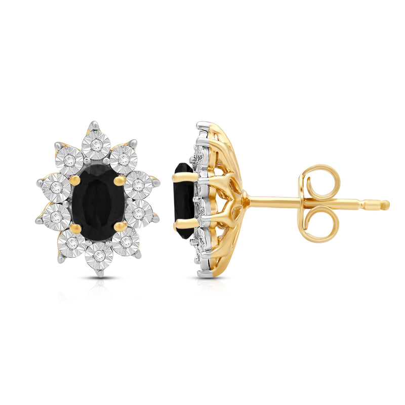 Jewelili 18K Yellow Gold over Sterling Sliver 6x4 MM Oval Created Black Sapphire and 1/20 Cttw Natural White Round Diamond Cluster Stud Earrings
