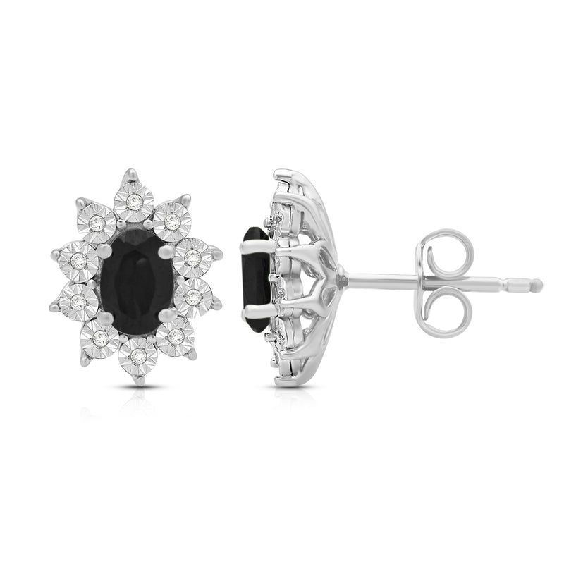 Jewelili Sterling Sliver 6x4 MM Oval Created Black Sapphire and 1/20 Cttw Natural White Round Diamond Cluster Stud Earrings