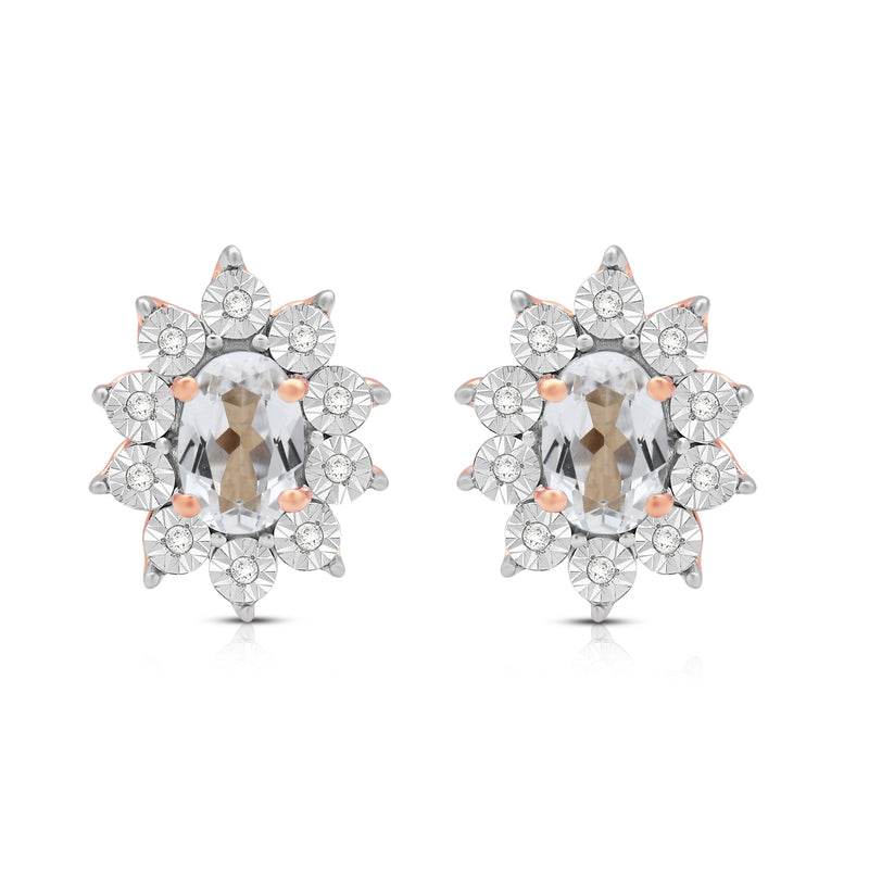 Jewelili 14K Rose Gold Over Sterling Sliver Oval Created White Sapphire and 1/20 CTTW Natural White Round Diamond Cluster Stud Earrings