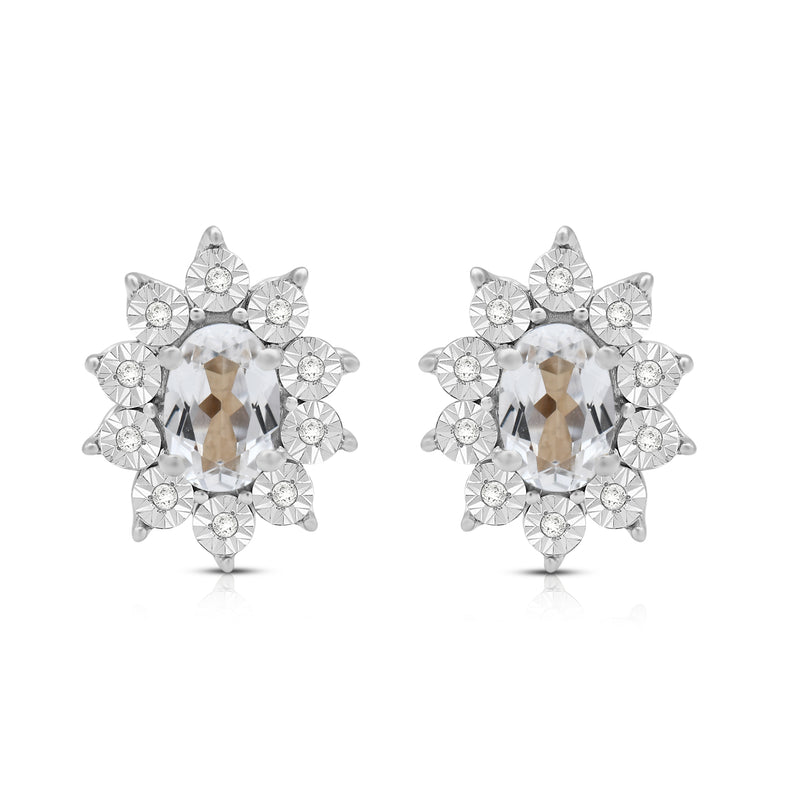 Jewelili Sterling Sliver 6x4 MM Oval Created White Sapphire and 1/20 Cttw Natural White Round Diamond Cluster Stud Earrings