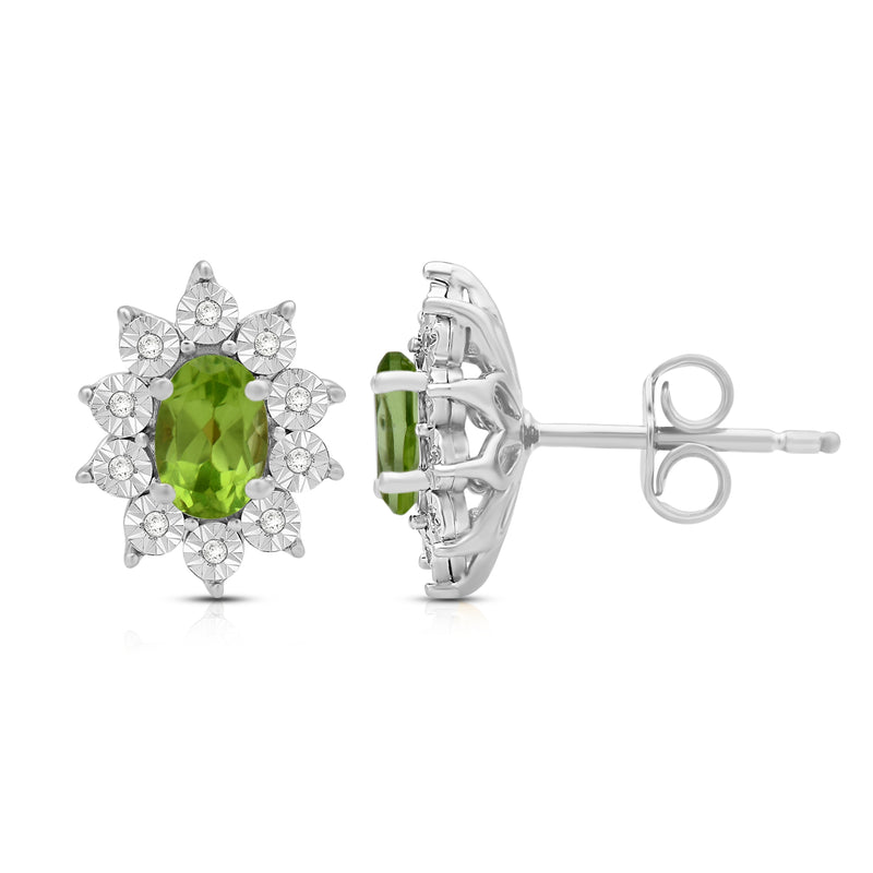 Jewelili Sterling Sliver 6x4 MM Oval Genuine Peridot and 1/20 Cttw Natural White Round Diamond Cluster Stud Earrings