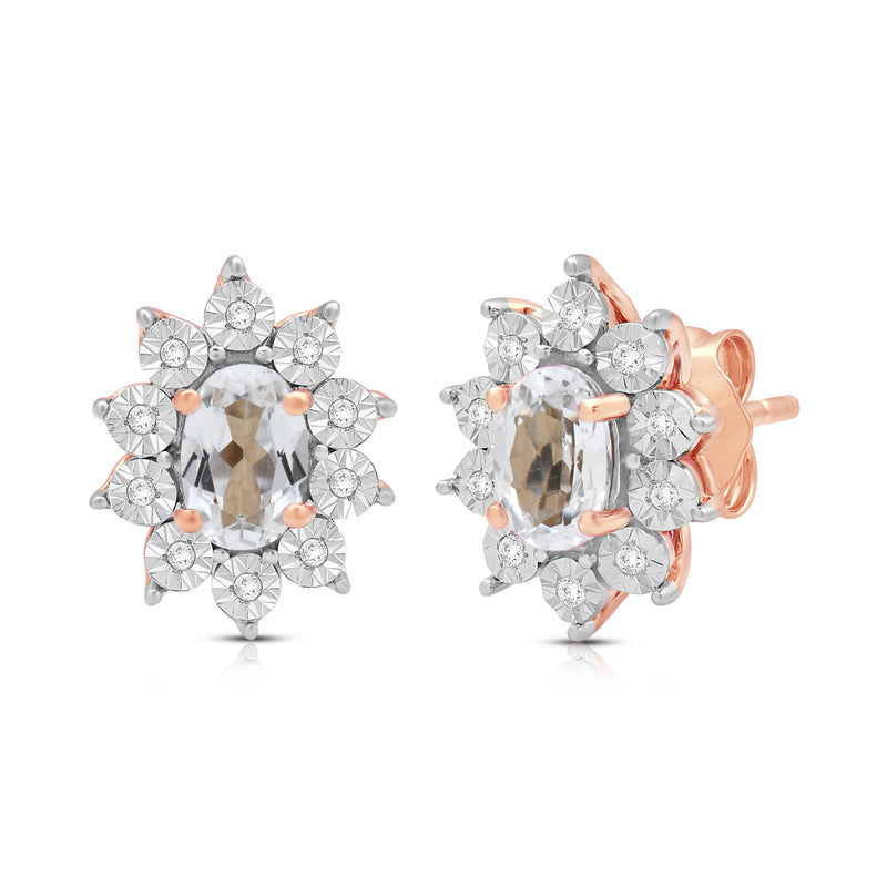 Jewelili 14K Rose Gold Over Sterling Sliver Oval Created White Sapphire and 1/20 CTTW Natural White Round Diamond Cluster Stud Earrings