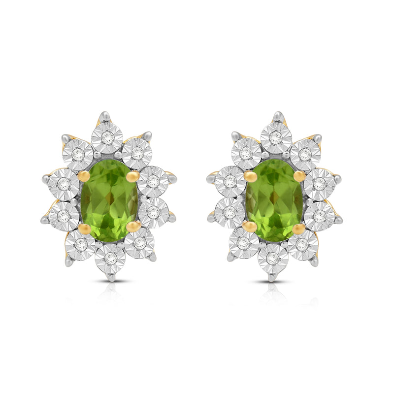 Jewelili 18K Yellow Gold over Sterling Sliver 6x4 MM Oval Genuine Peridot and 1/20 Cttw Natural White Round Diamond Cluster Stud Earrings