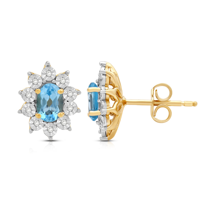 Jewelili 18K Yellow Gold over Sterling Sliver 6x4 MM Oval Genuine Swiss Blue Topaz and 1/20 Cttw Natural White Round Diamond Cluster Stud Earrings