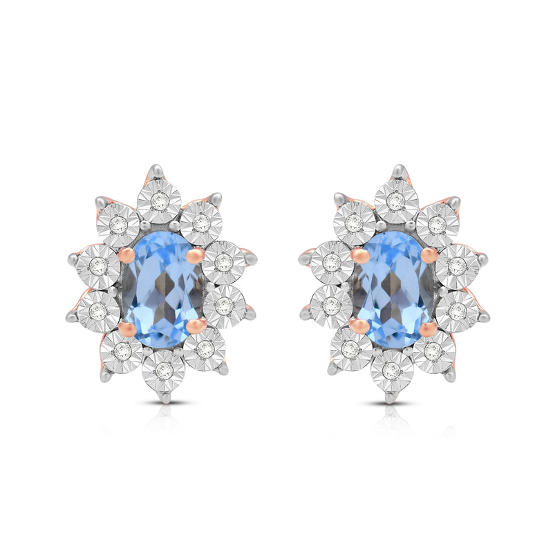 Jewelili 14K Rose Gold Over Sterling Sliver Oval Genuine Swiss Blue Topaz and 1/20 CTTW Natural White Round Diamond Cluster Stud Earrings