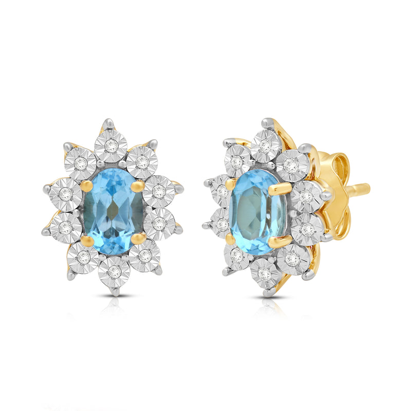 Jewelili 18K Yellow Gold over Sterling Sliver 6x4 MM Oval Created Aqua spinal and 1/20 Cttw Natural White Round Diamond Cluster Stud Earrings