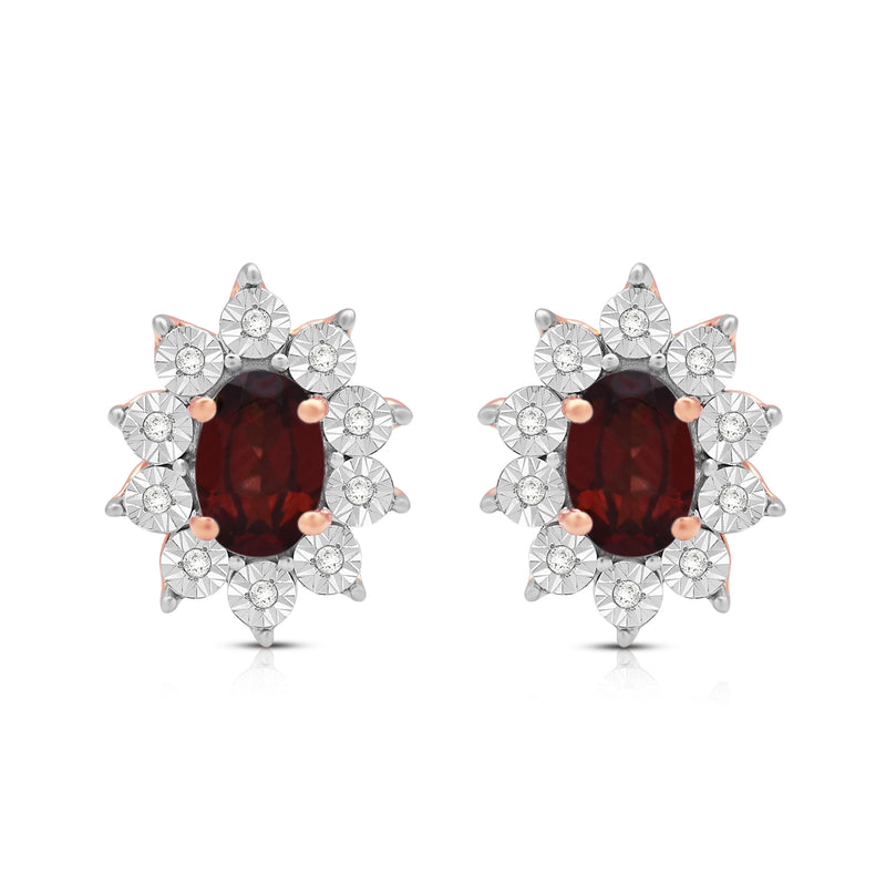 Jewelili 14K Rose Gold Over Sterling Sliver Oval Genuine Garnet and 1/20 CTTW Natural White Round Diamond Cluster Stud Earrings