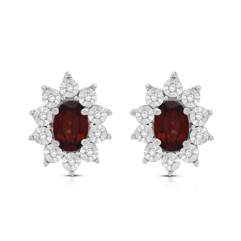 Jewelili 18K Yellow Gold over Sterling Sliver 6x4 MM Oval Genuine Garnet and 1/20 Cttw Natural White Round Diamond Cluster Stud Earrings