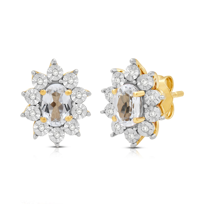 Jewelili 18K Yellow Gold over Sterling Sliver 6x4 MM Oval Created White Sapphire and 1/20 Cttw Natural White Round Diamond Cluster Stud Earrings