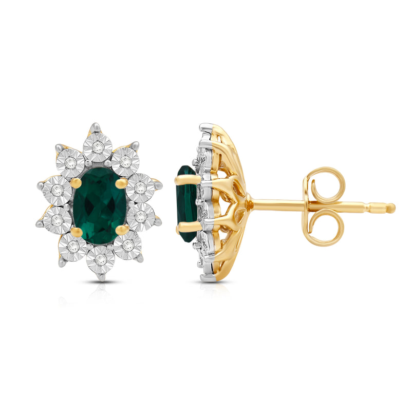 Jewelili 18K Yellow Gold over Sterling Sliver 6x4 MM Oval Created Emerald and 1/20 Cttw Natural White Round Diamond Cluster Stud Earrings