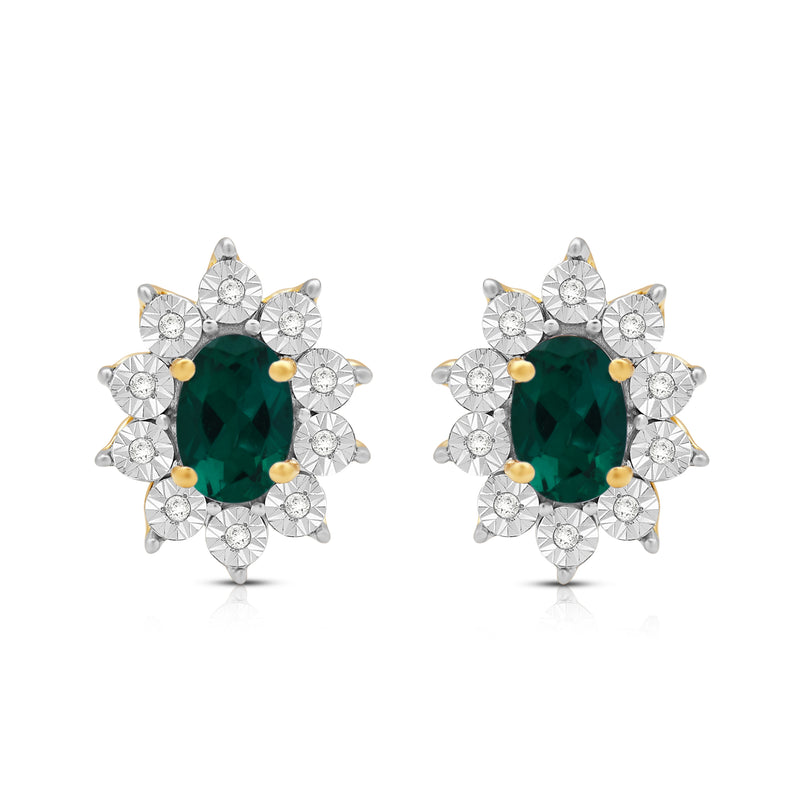 Jewelili 18K Yellow Gold over Sterling Sliver 6x4 MM Oval Created Emerald and 1/20 Cttw Natural White Round Diamond Cluster Stud Earrings