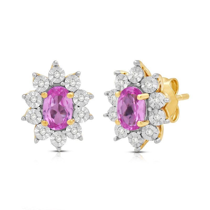 Jewelili 18K Yellow Gold over Sterling Sliver 6x4 MM Oval Created Pink Sapphire and 1/20 Cttw Natural White Round Diamond Cluster Stud Earrings