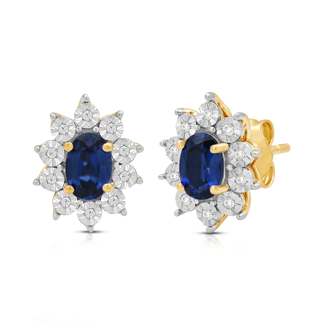 Jewelili 18K Yellow Gold over Sterling Sliver 6x4 MM Oval Created Blue Sapphire and 1/20 Cttw Natural White Round Diamond Cluster Stud Earrings